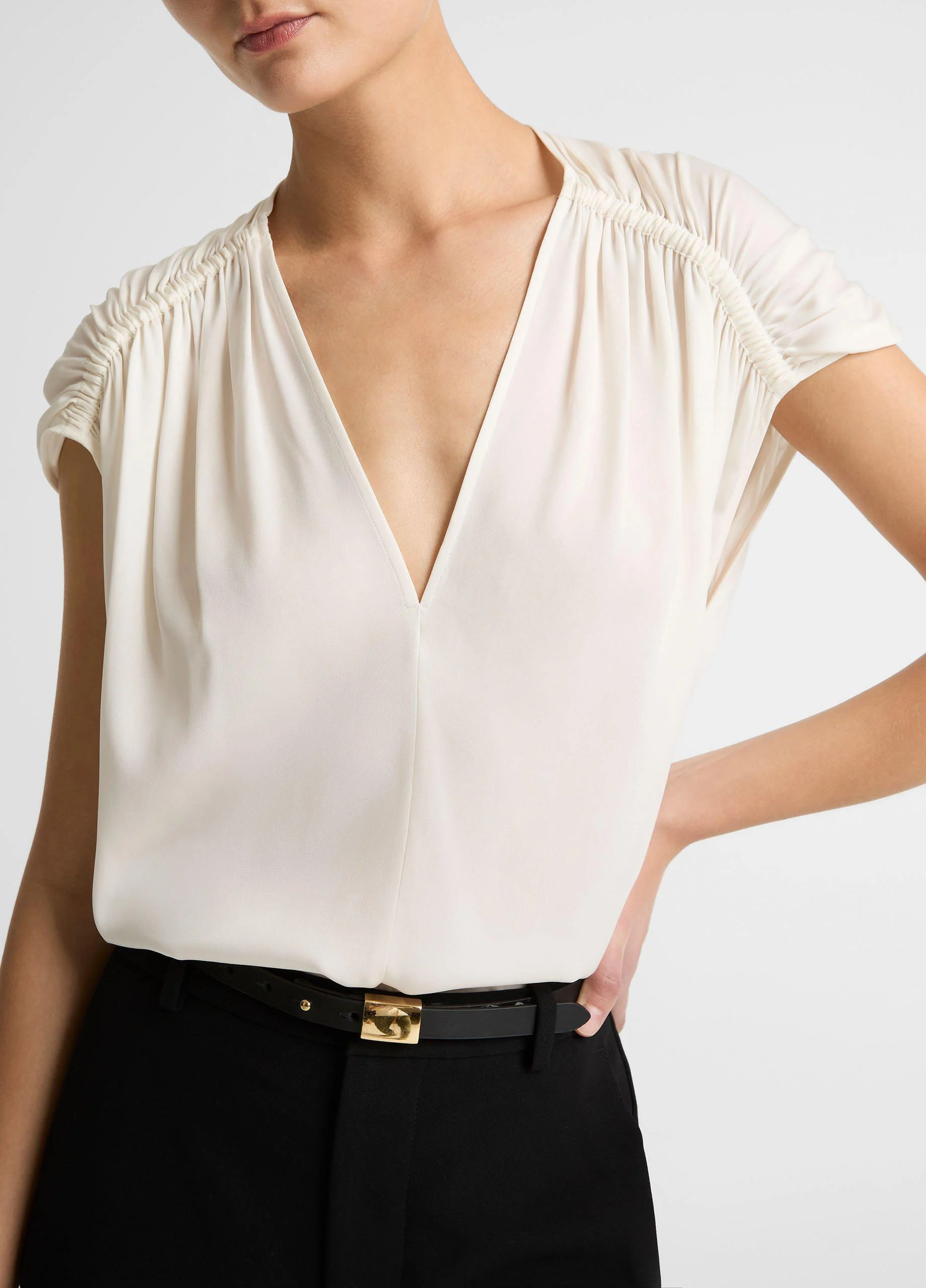 Stretch-Silk Gathered Cap-Sleeve Blouse - 1
