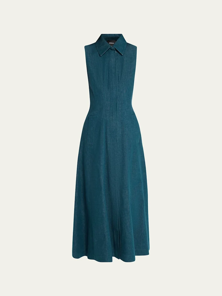 Sleeveless Denim Midi Shirtdress - 1
