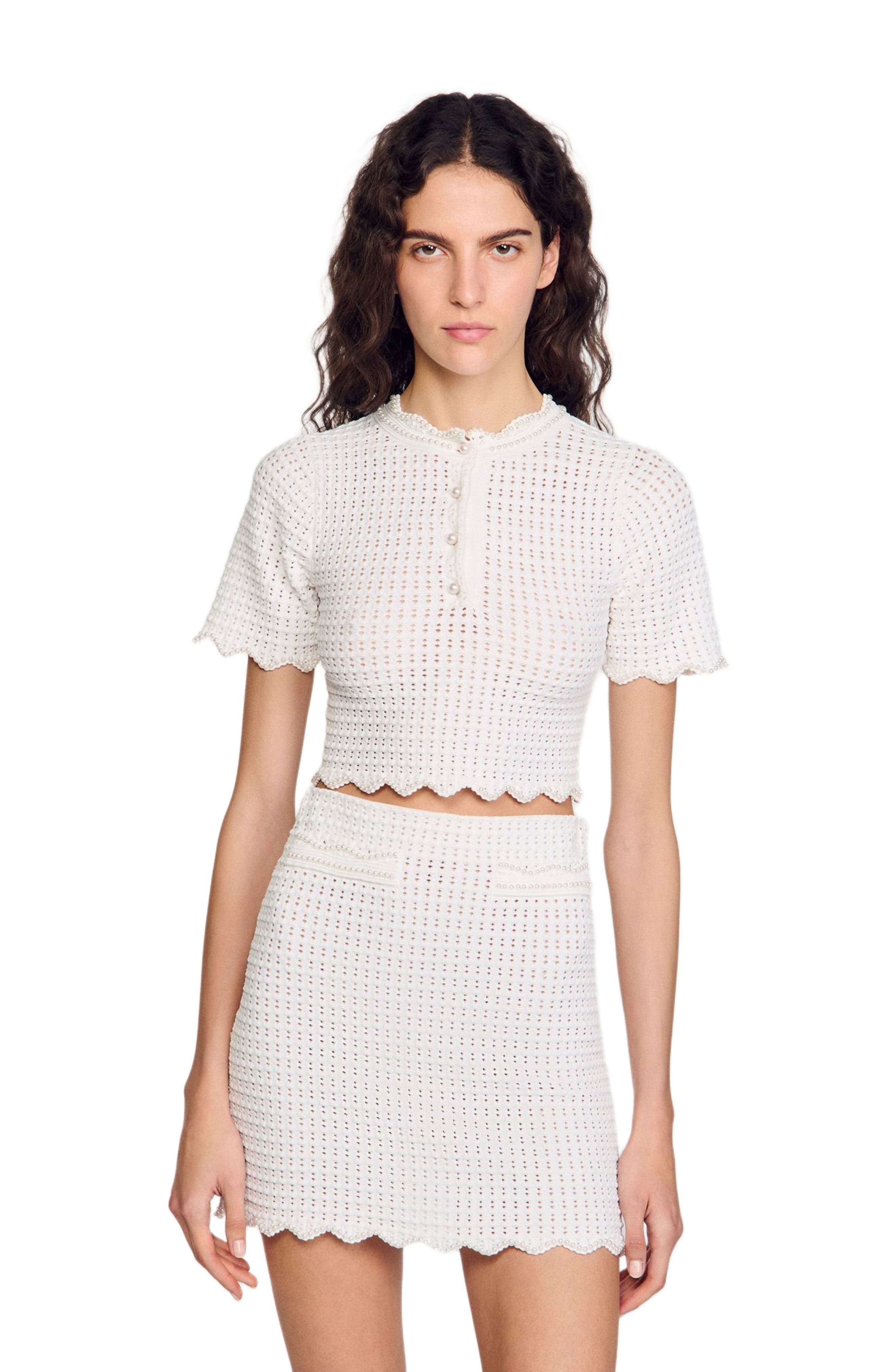 SANDRO Pearl beaded knit sweater in White at Nordstrom - 3