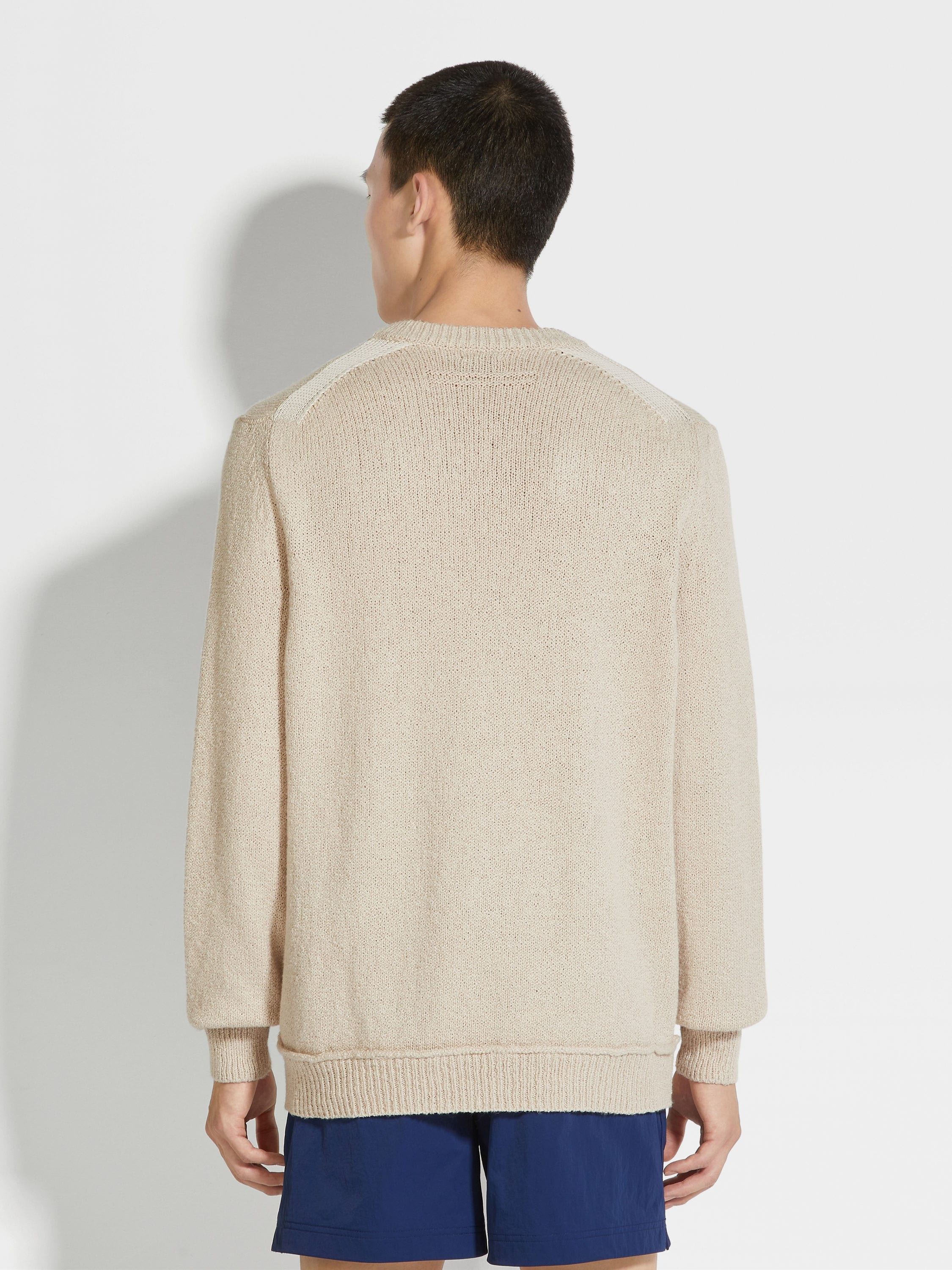 LIGHT BEIGE COTTON AND SILK CREWNECK - 5