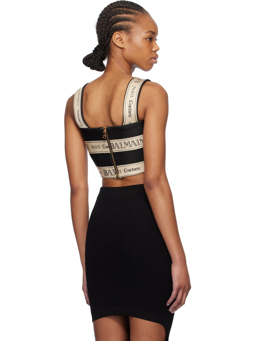 Black & Off-White 'Balmain' Ribbon Jacquard Crop Top - 3