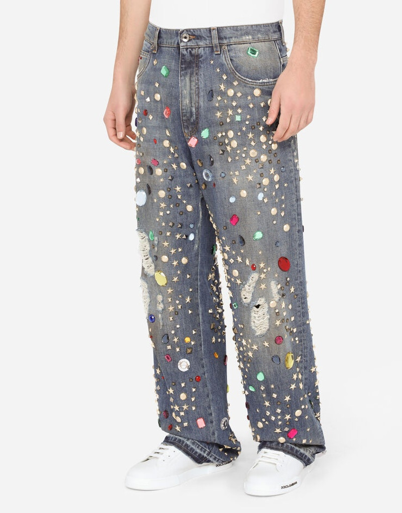 Oversize blue wash jeans with crystal and stud embellishment 4