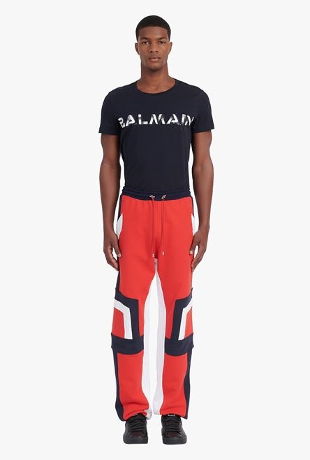 Red, navy blue and white eco-designed cotton sweatpants with embossed Balmain logo - 4