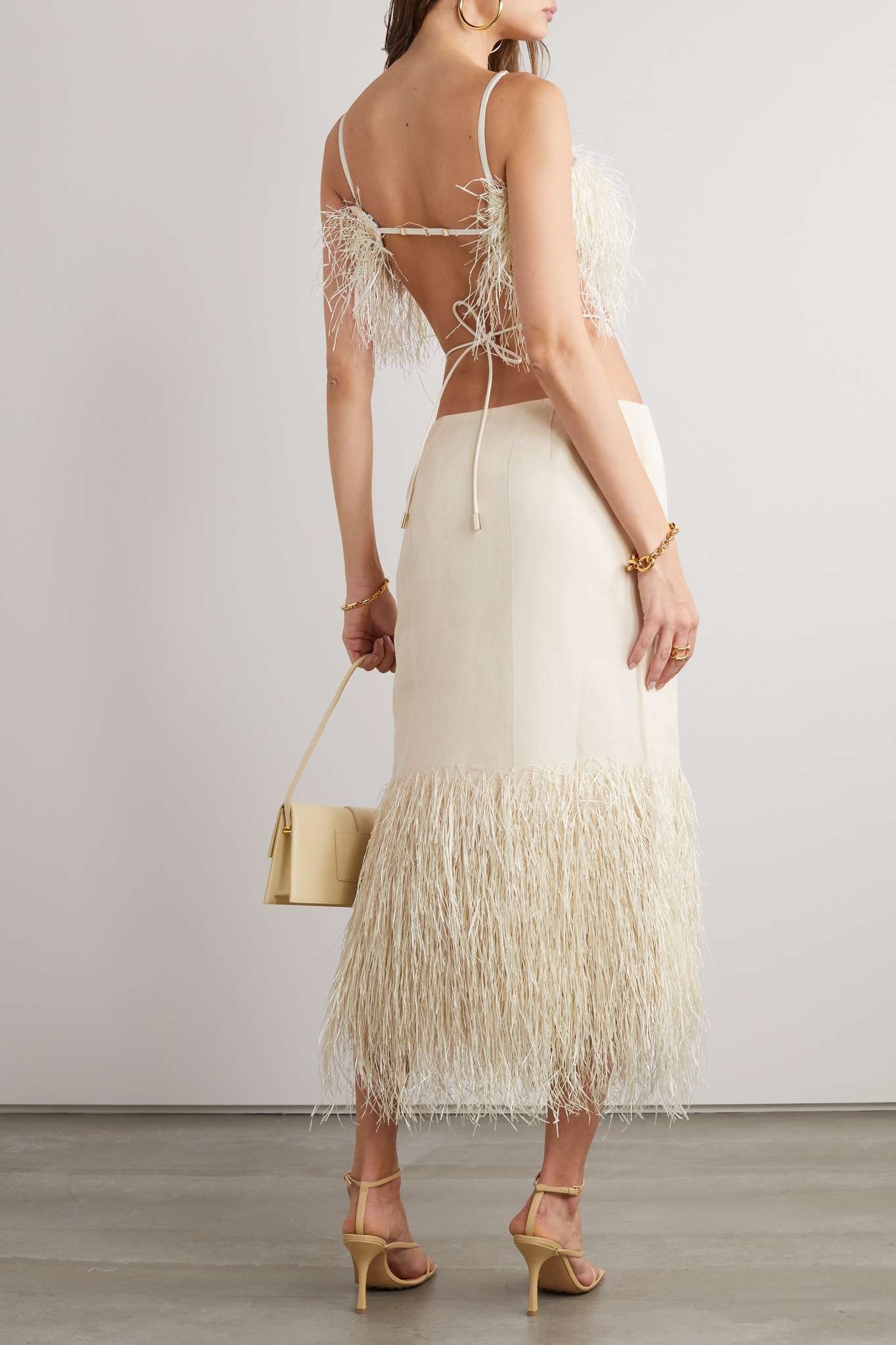 Cutout leather and raffia-trimmed cotton-blend canvas midi dress - 3