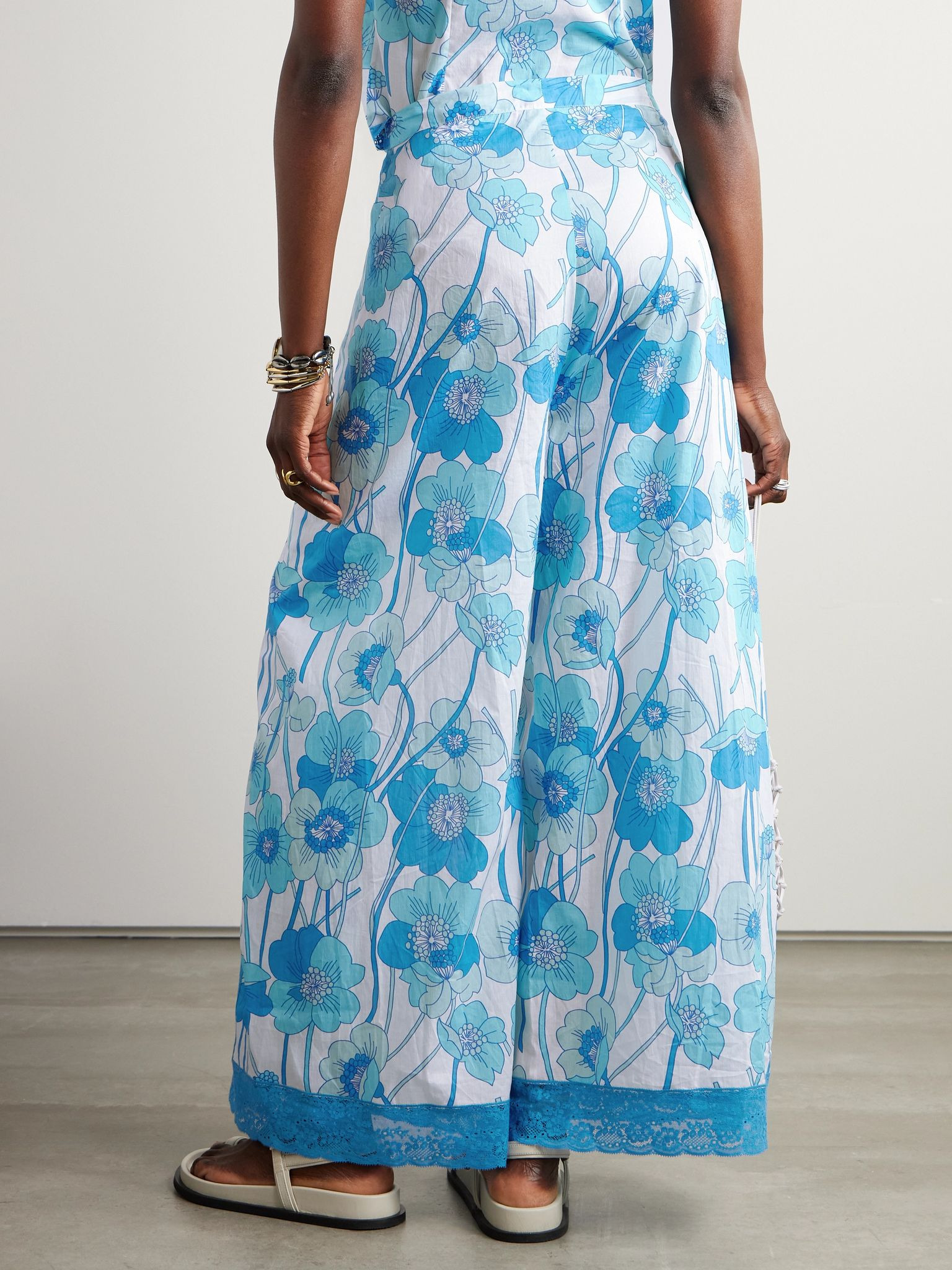 Alexis layered lace-trimmed floral-print cotton-voile wide-leg pants Blue - 3