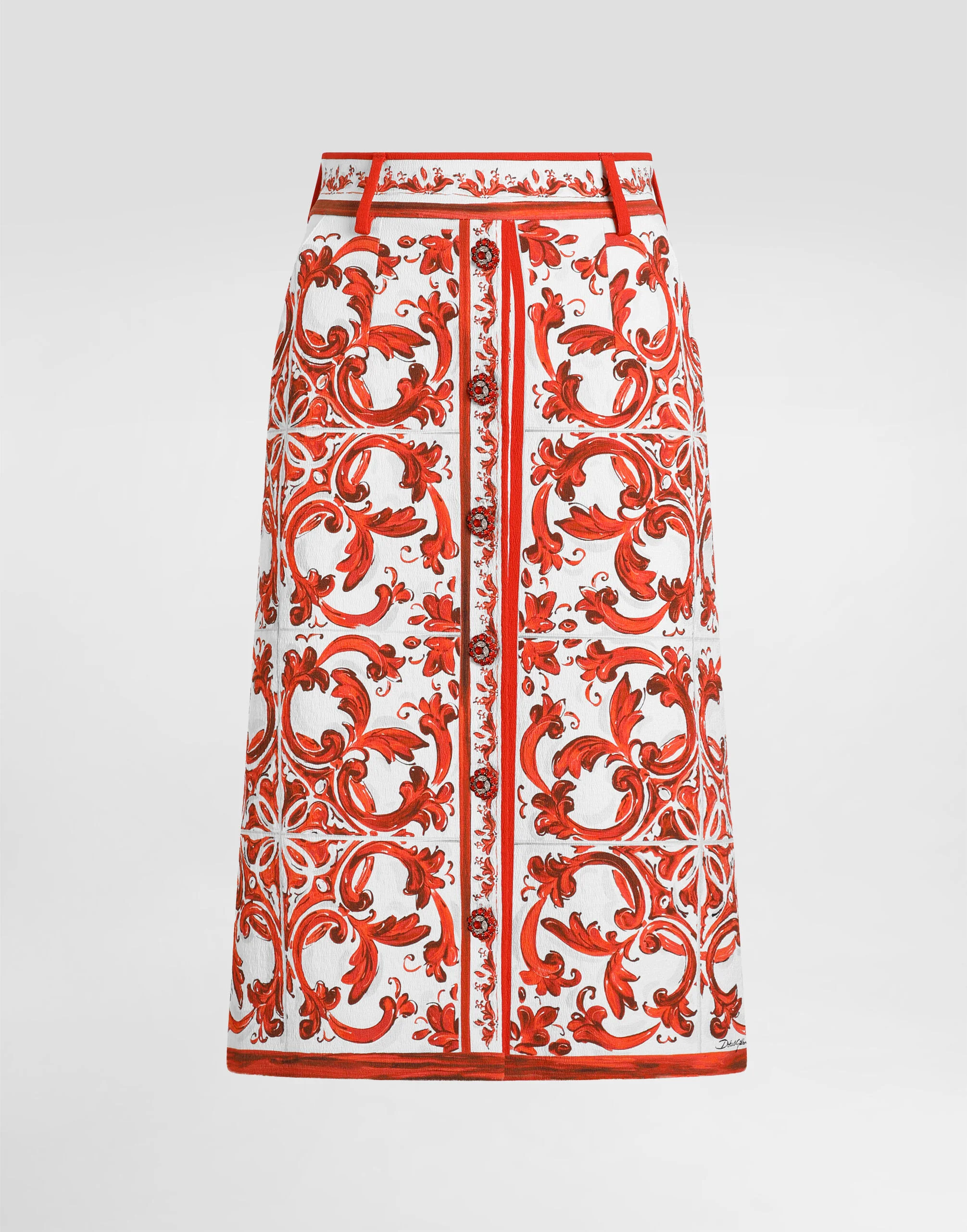 Majolica-print brocade skirt with jewel buttons - 1