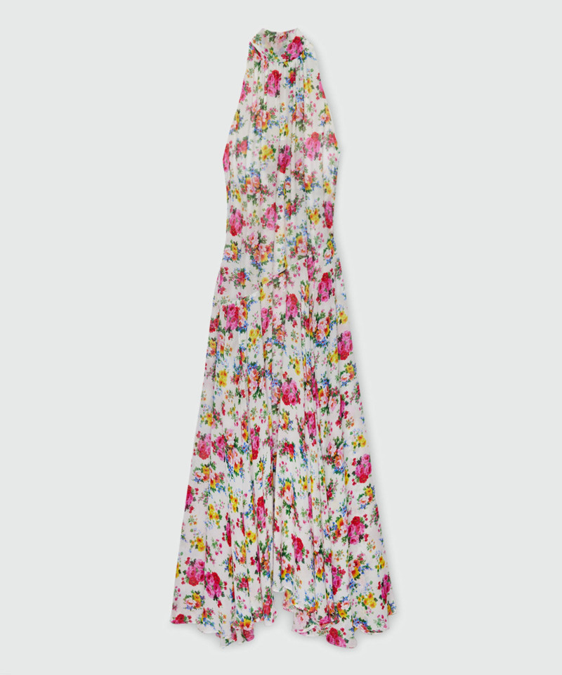 White long viscose georgette dress with floral print and pleated skirt 1