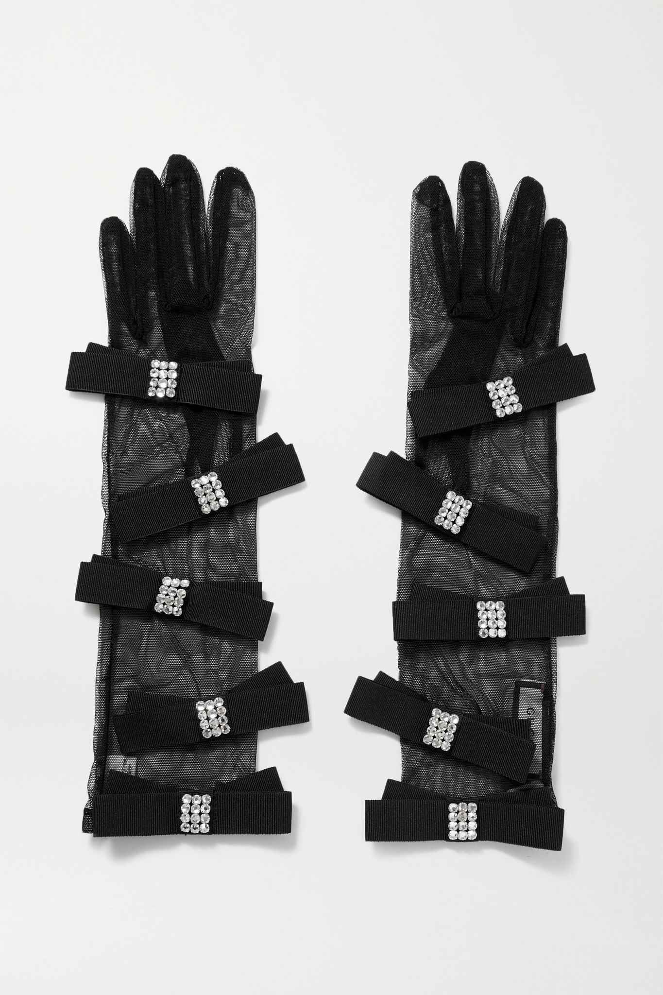 Crystal-embellished grosgrain and stretch-tulle gloves - 1