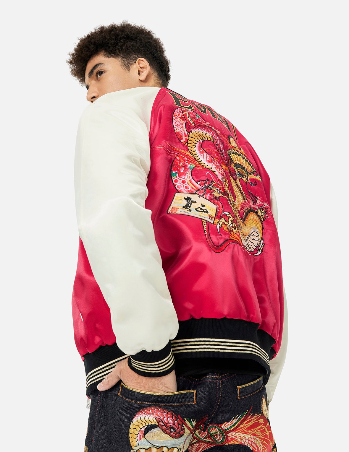 Soaring Snake Embroidery and Traditional Japanese Totem Prints Reversible Relax Fit Souvenir Jacket - 7