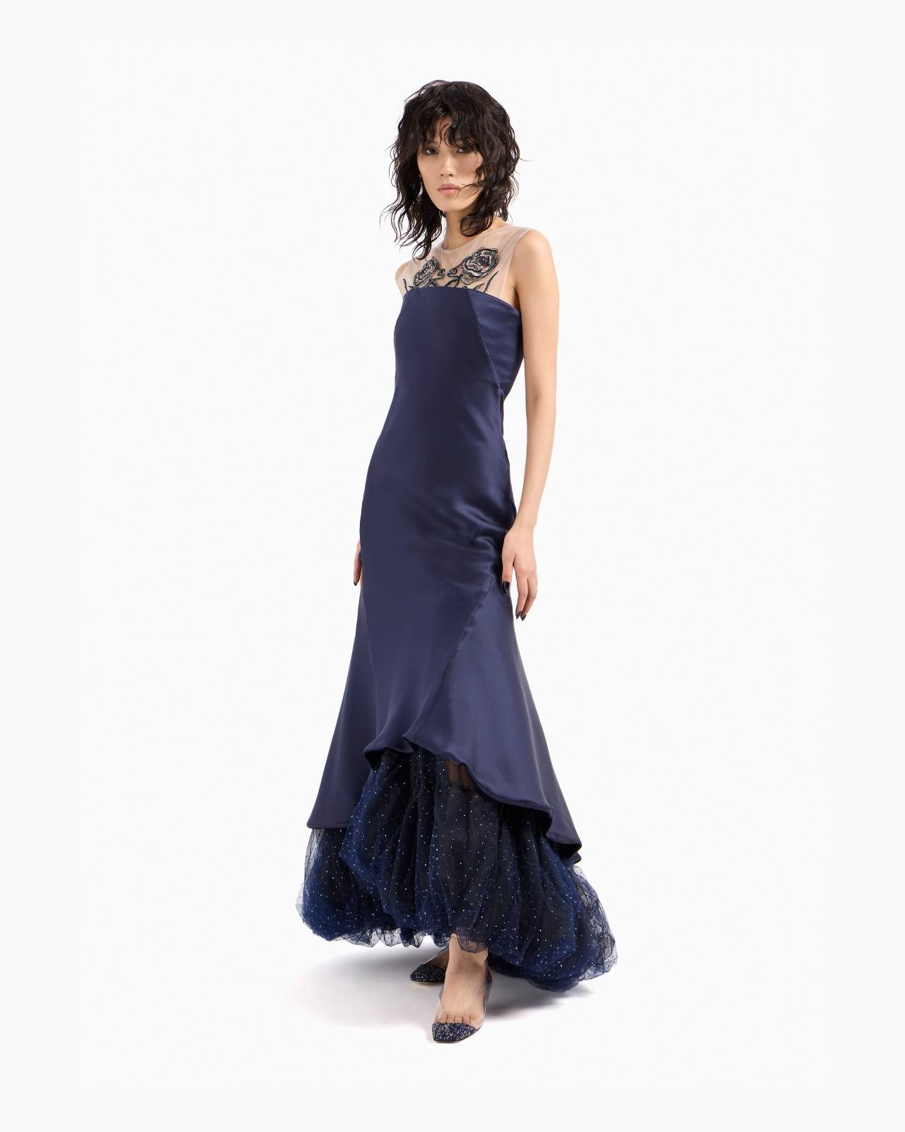 LONG BUSTIER DRESS IN SILK AND EMBROIDERED TULLE - 2