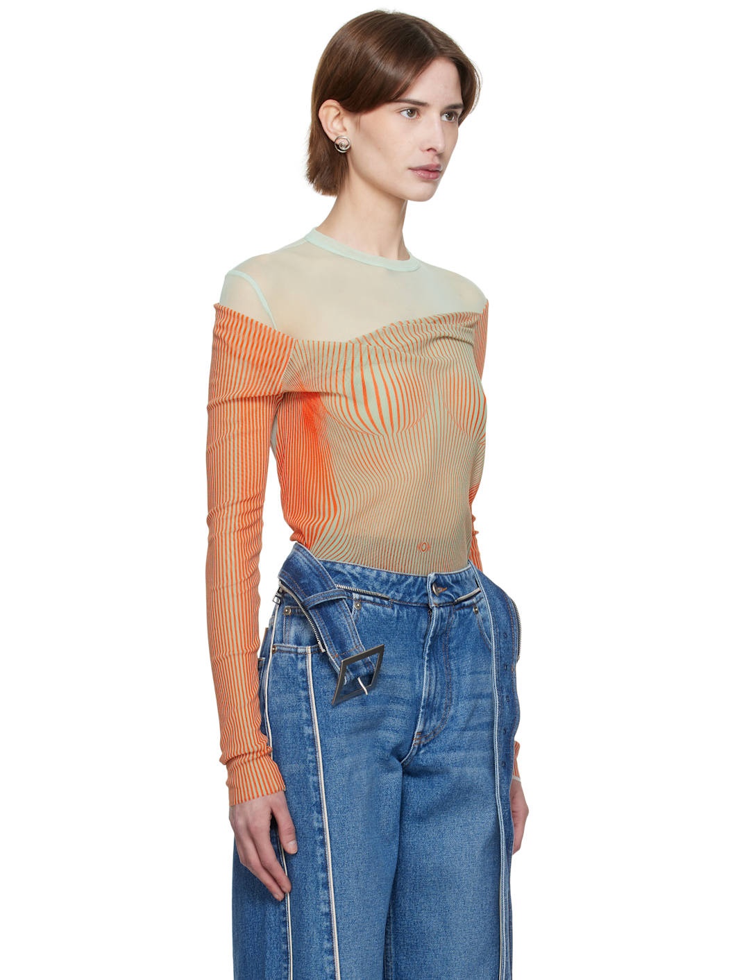 Green & Orange 'The Draped Body Morphing' Bodysuit - 2