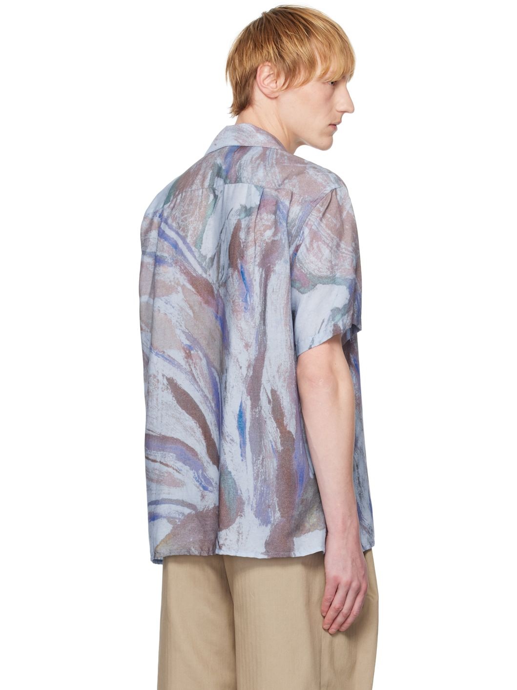 Blue Flower Printed Open Collar Shirt - 3