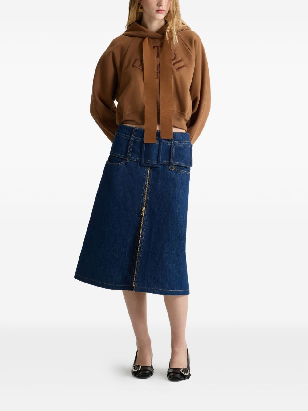 zip-front belted denim skirt - 2