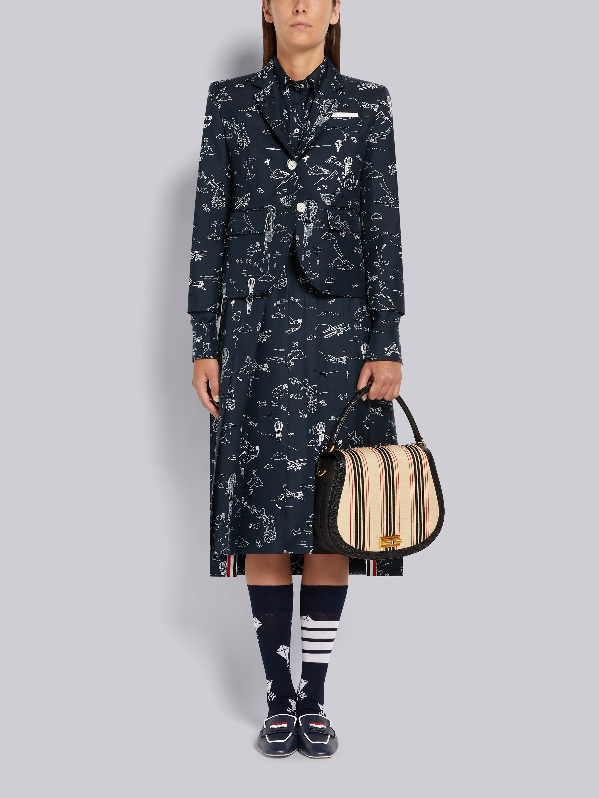 Navy Sky Toile Printed Silk Twill Dropped Back Pleated Below the Knee Skirt - 4