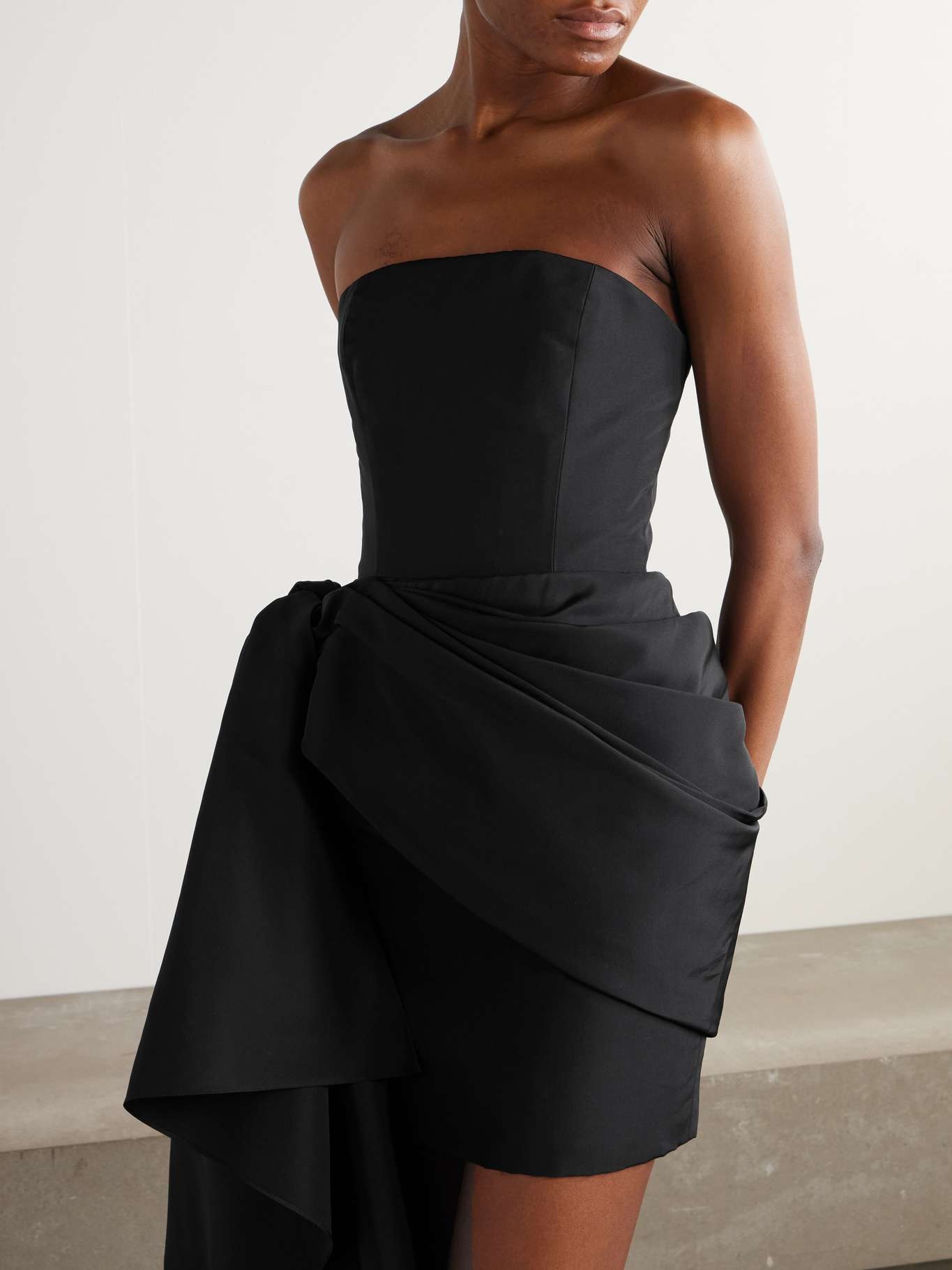 Off-the-shoulder asymmetric draped silk-faille mini dress Black - 5