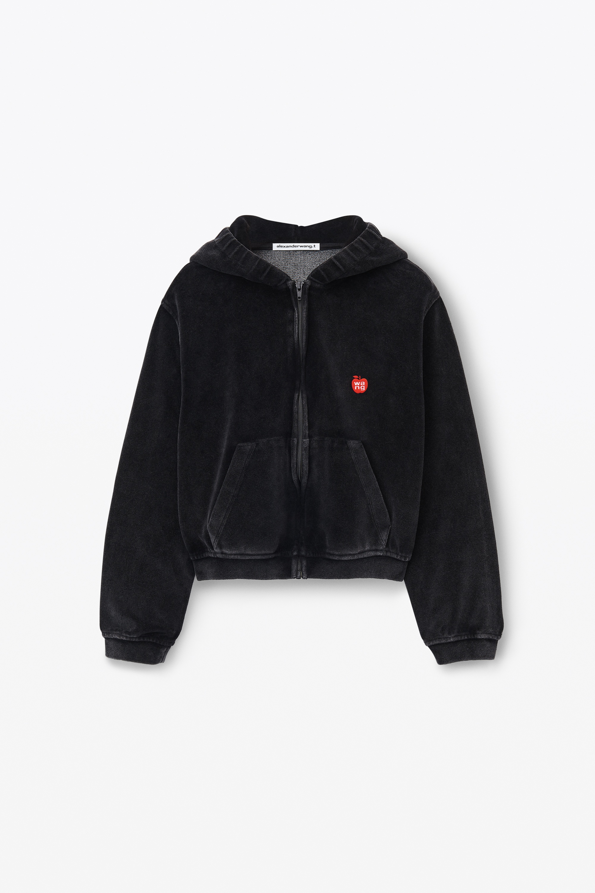 apple logo shrunken zip up hoodie in velour - 1