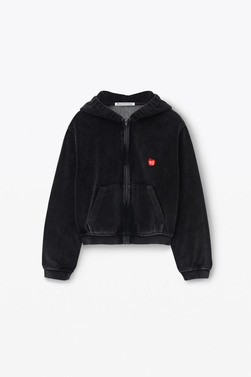 apple logo shrunken zip up hoodie in velour 1