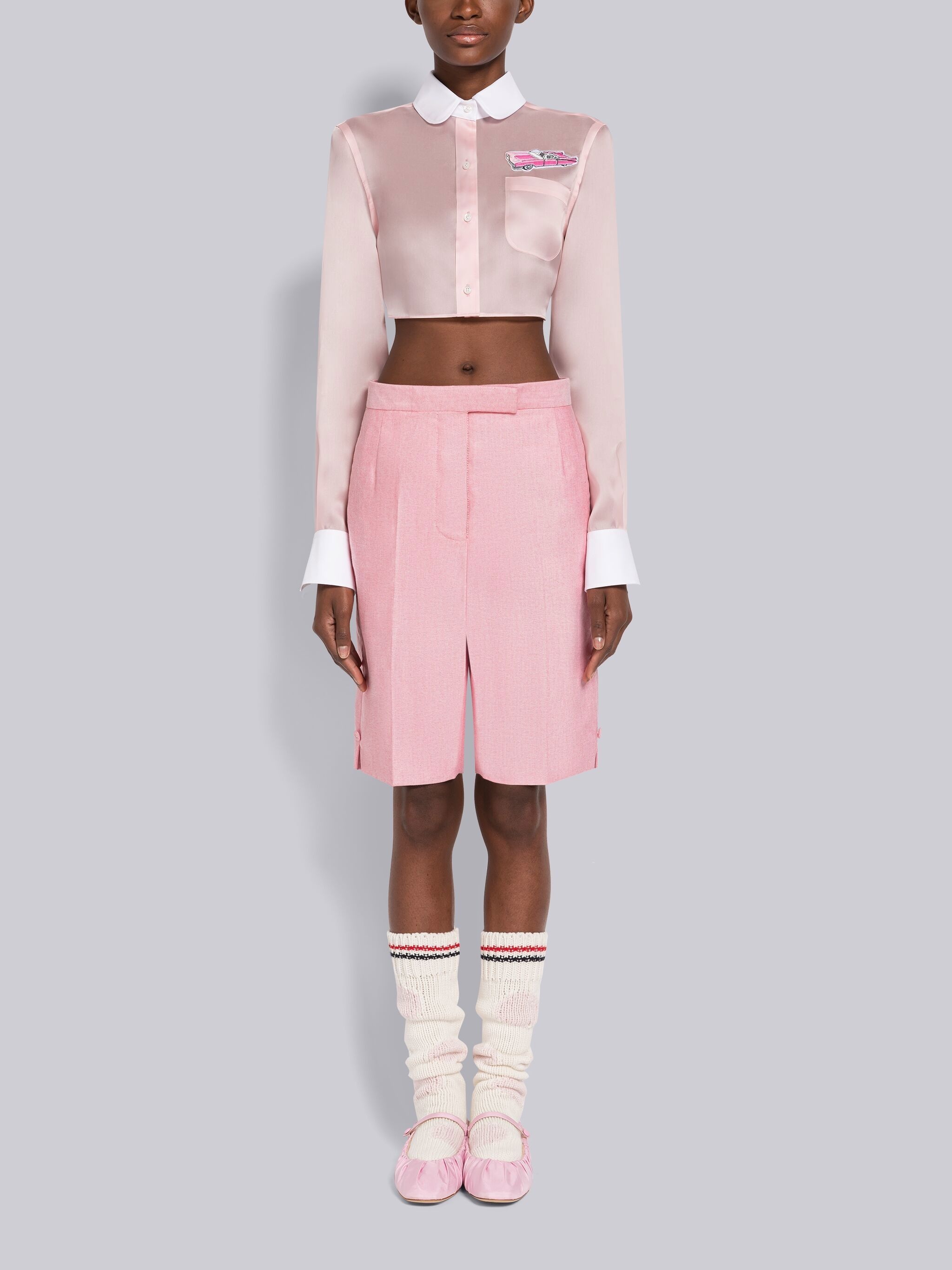 Double Satin Organza Combo Cropped Round Collar Shirt - 4