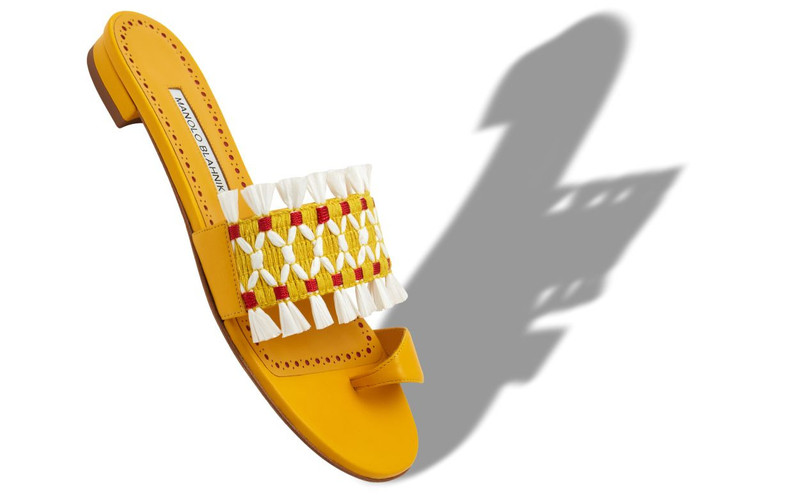 Manolo Blahnik Yellow Nappa Leather Raffia Detail Flat Mules outlook