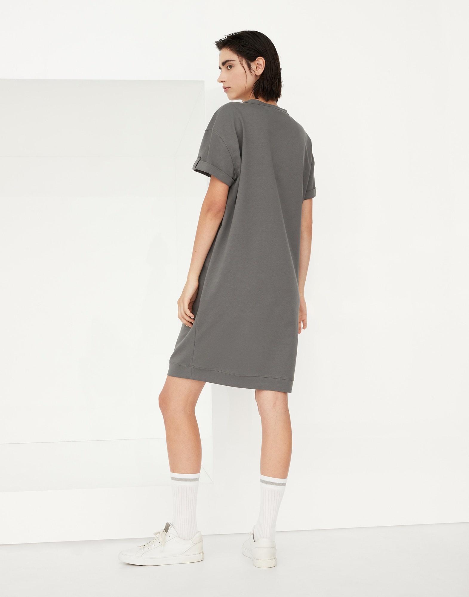Stretch cotton lightweight French terry dress with shiny cuff detail - 2
