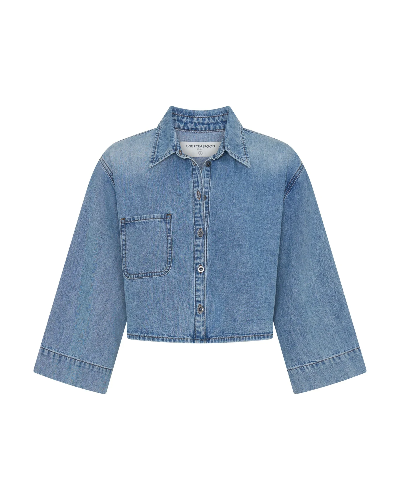 Gracie Cropped Denim Shirt - Misty Blue - 1
