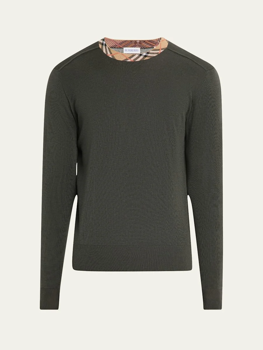 Men's Wool Knit Check-Trim Crewneck Sweater - 1