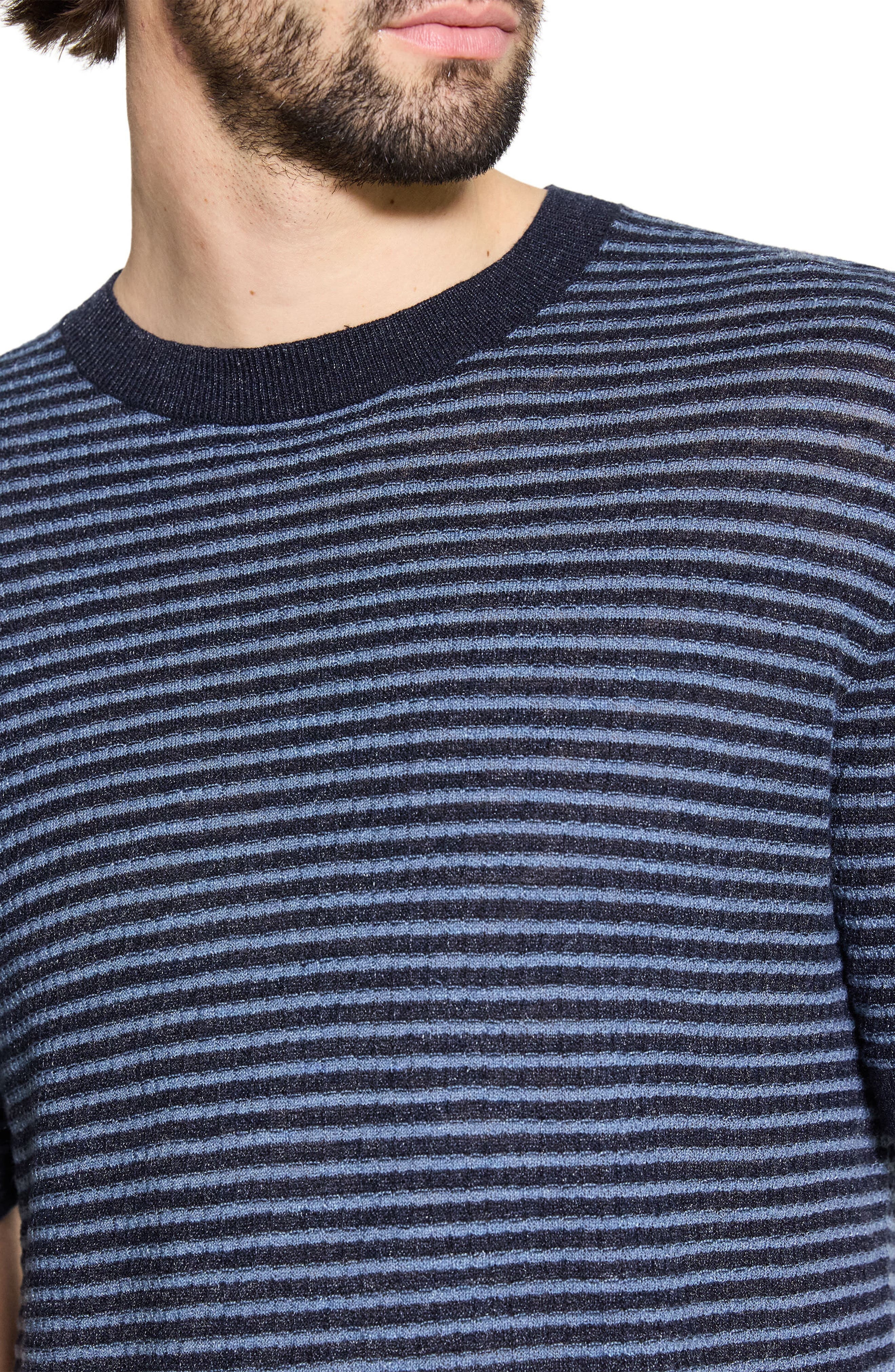 Theory Stripe Short Sleeve Linen & Cotton Blend Crewneck Sweater in Baltic/dark Rainstorm - 4