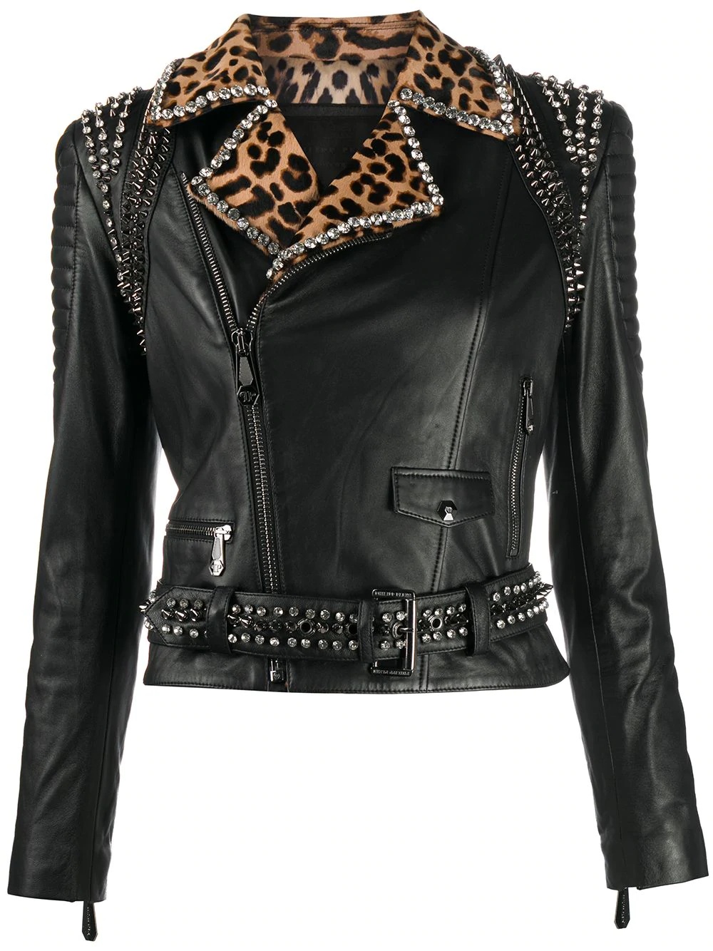 spike-stud leopard-print biker jacket - 1