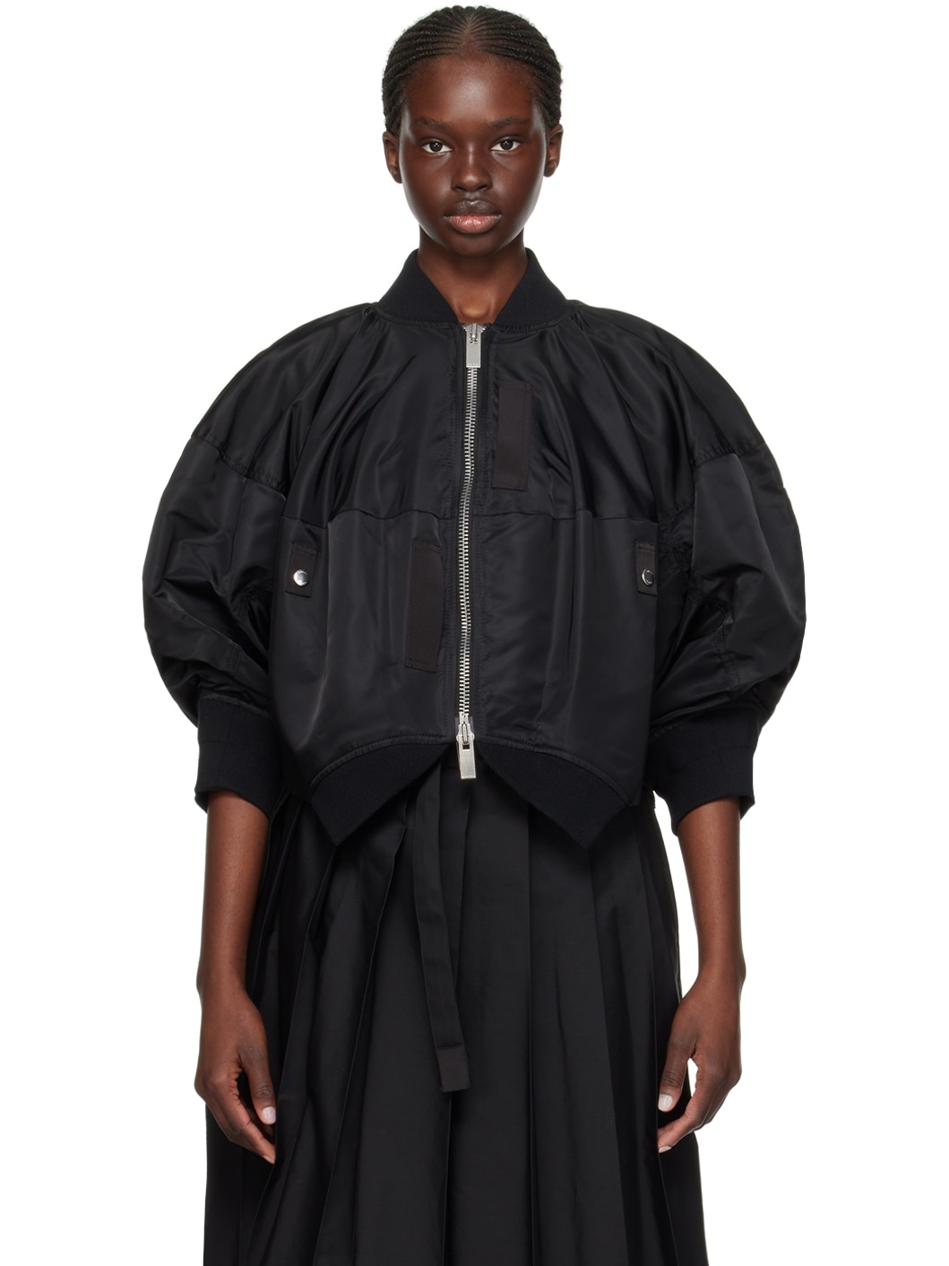 Black Puff Sleeve Bomber Jacket - 1