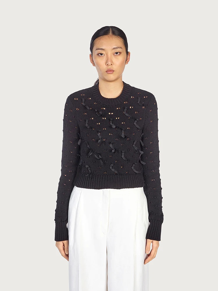 ROUND NECK CROPPED SWEATER WITH RIBBONS - 2