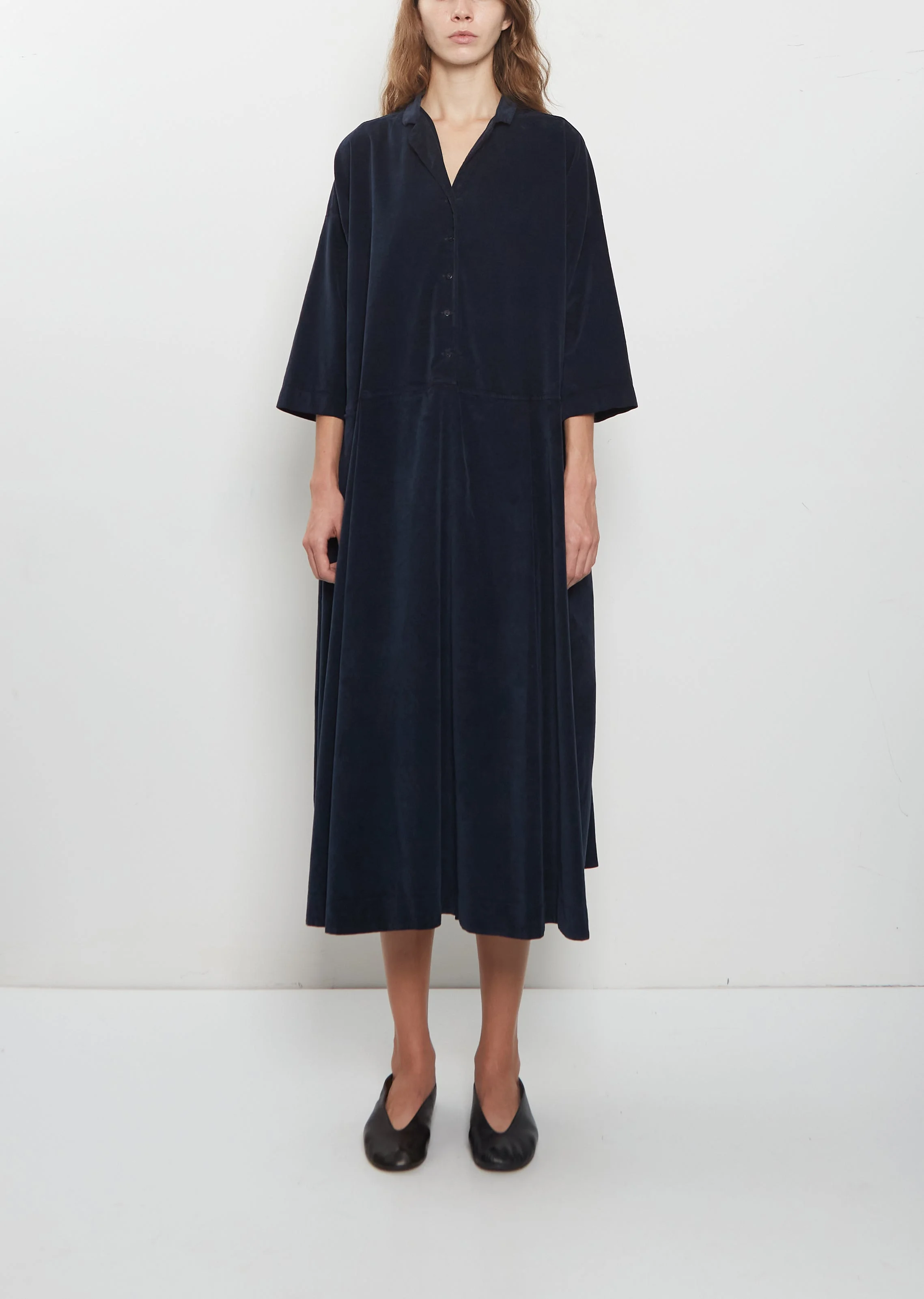 Velvet Tailored Collar Dress — Navy - 1