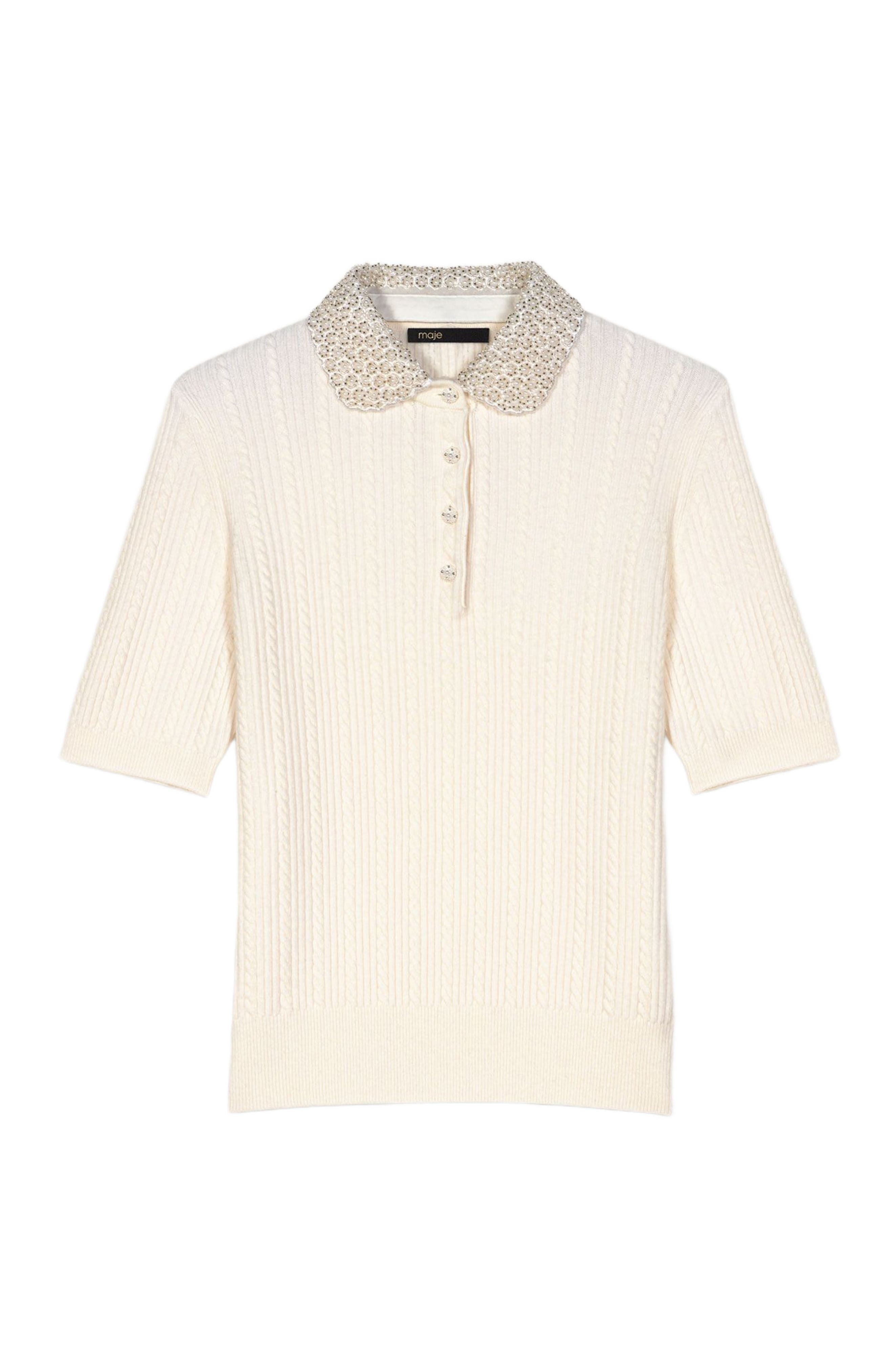 maje Removable collar knit polo shirt in Ecru at Nordstrom - 7