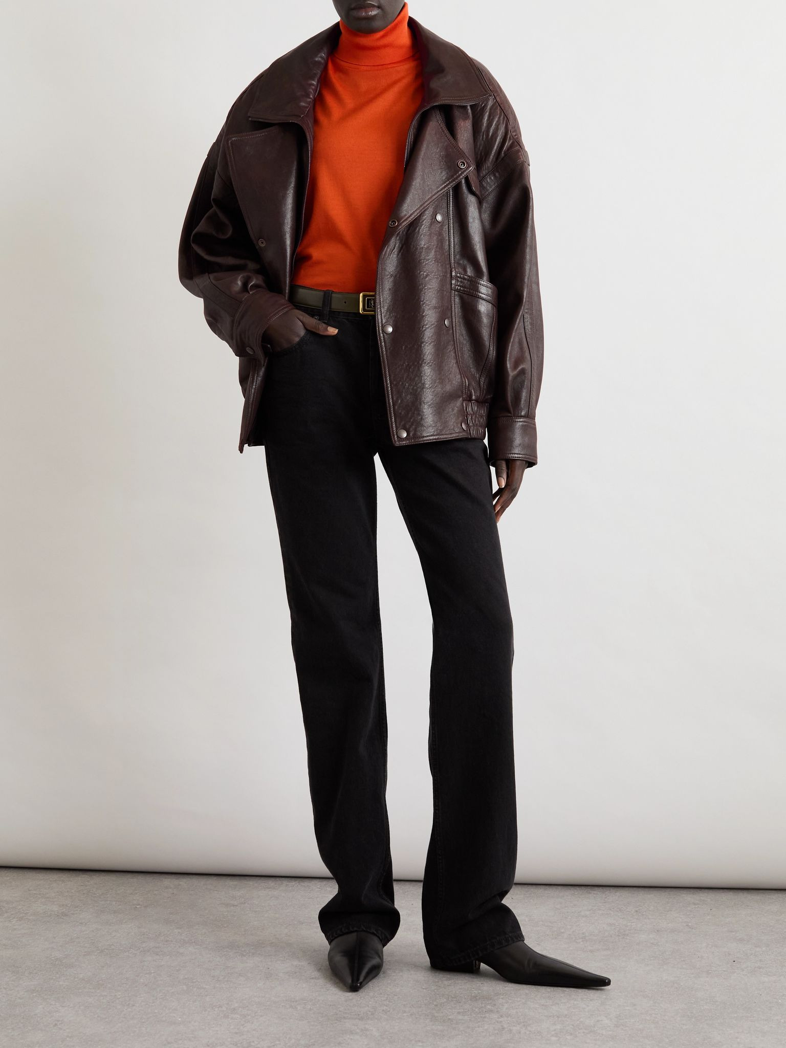 Oversized double-breasted paneled leather jacket Brown - 2