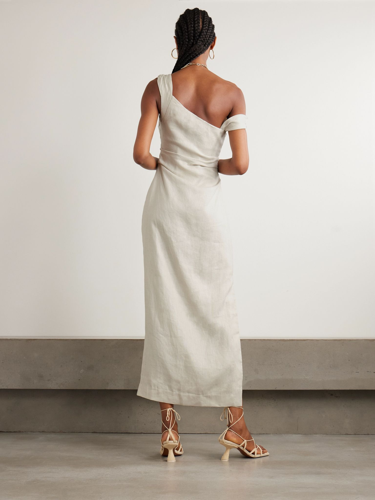 Twisted gathered linen midi dress Ecru - 3