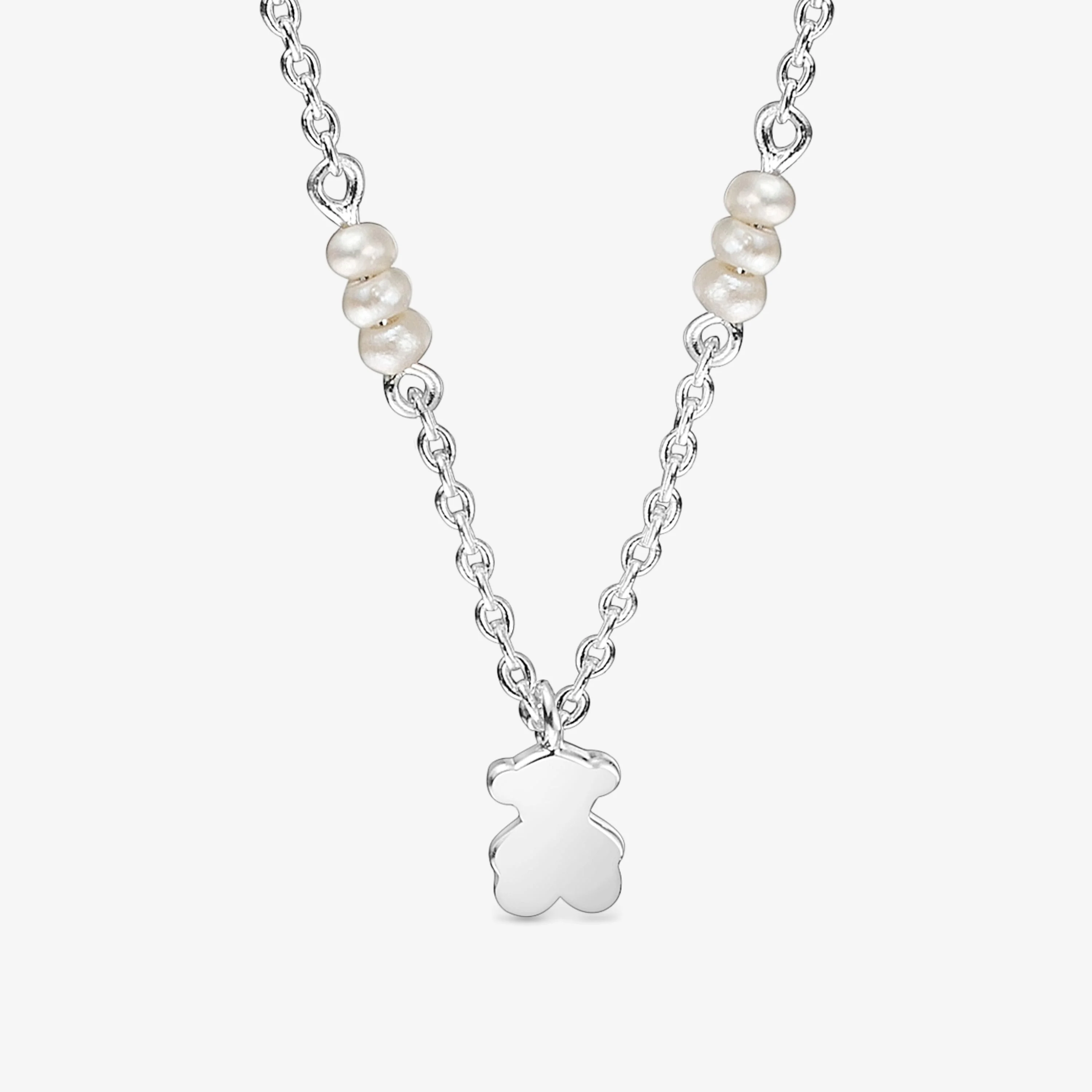 Short silver Necklace with cultured pearls and bear charm Sweet Dolls - 1