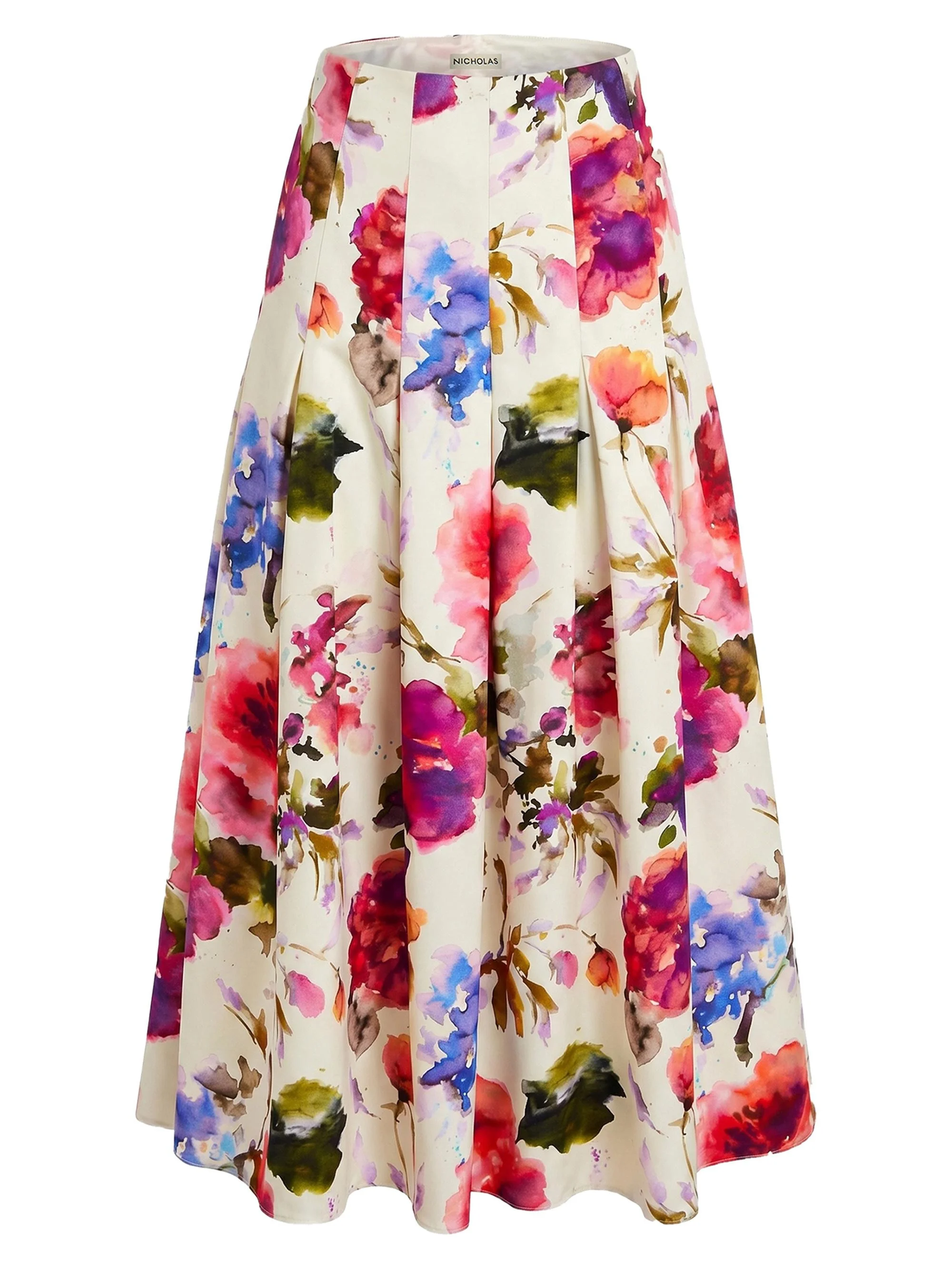Women's Jordana Floral Pleated Waist Midi-Skirt - Watercolor Flora - 1