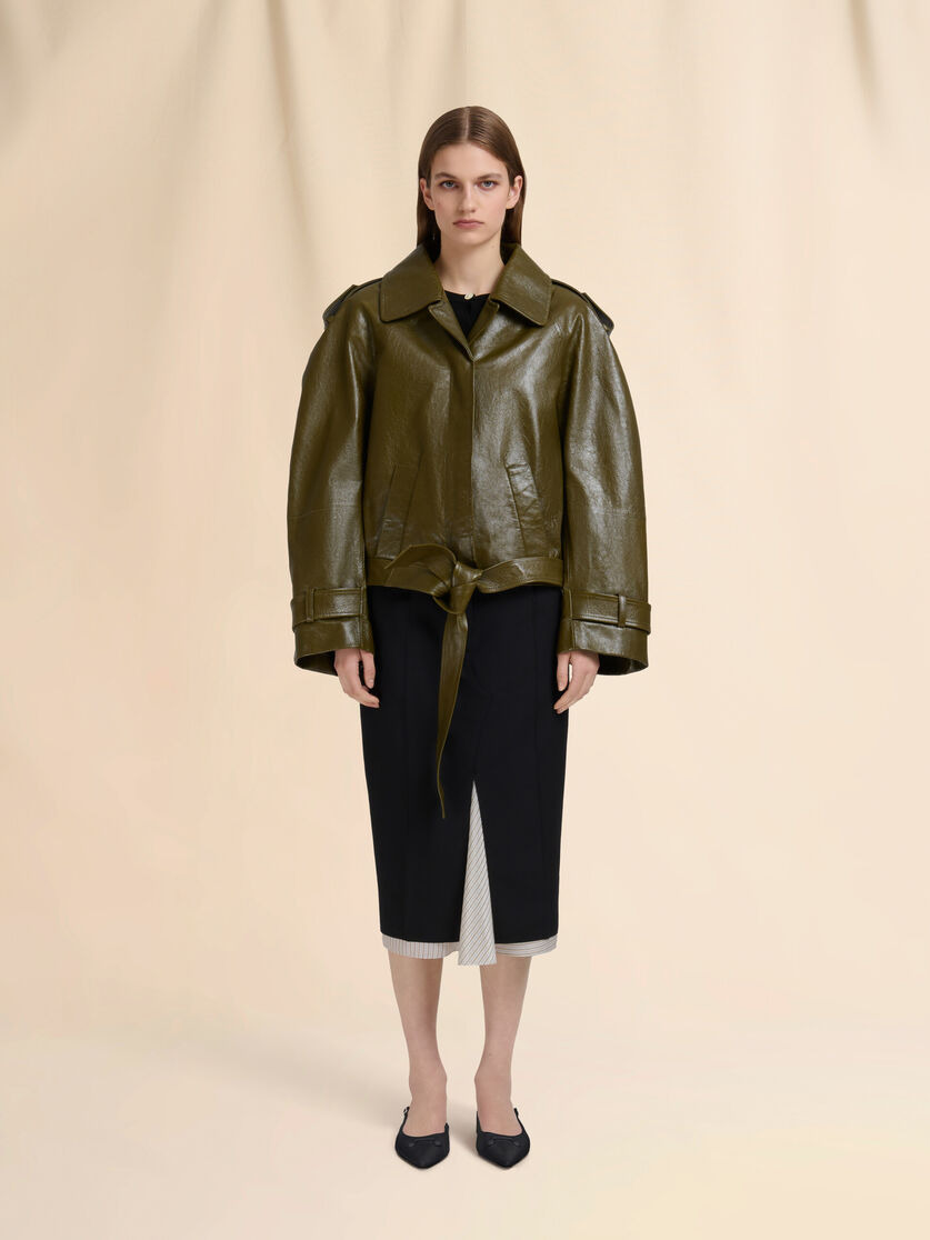 DEEP GREEN LEATHER SHORT TRENCH COAT - 2