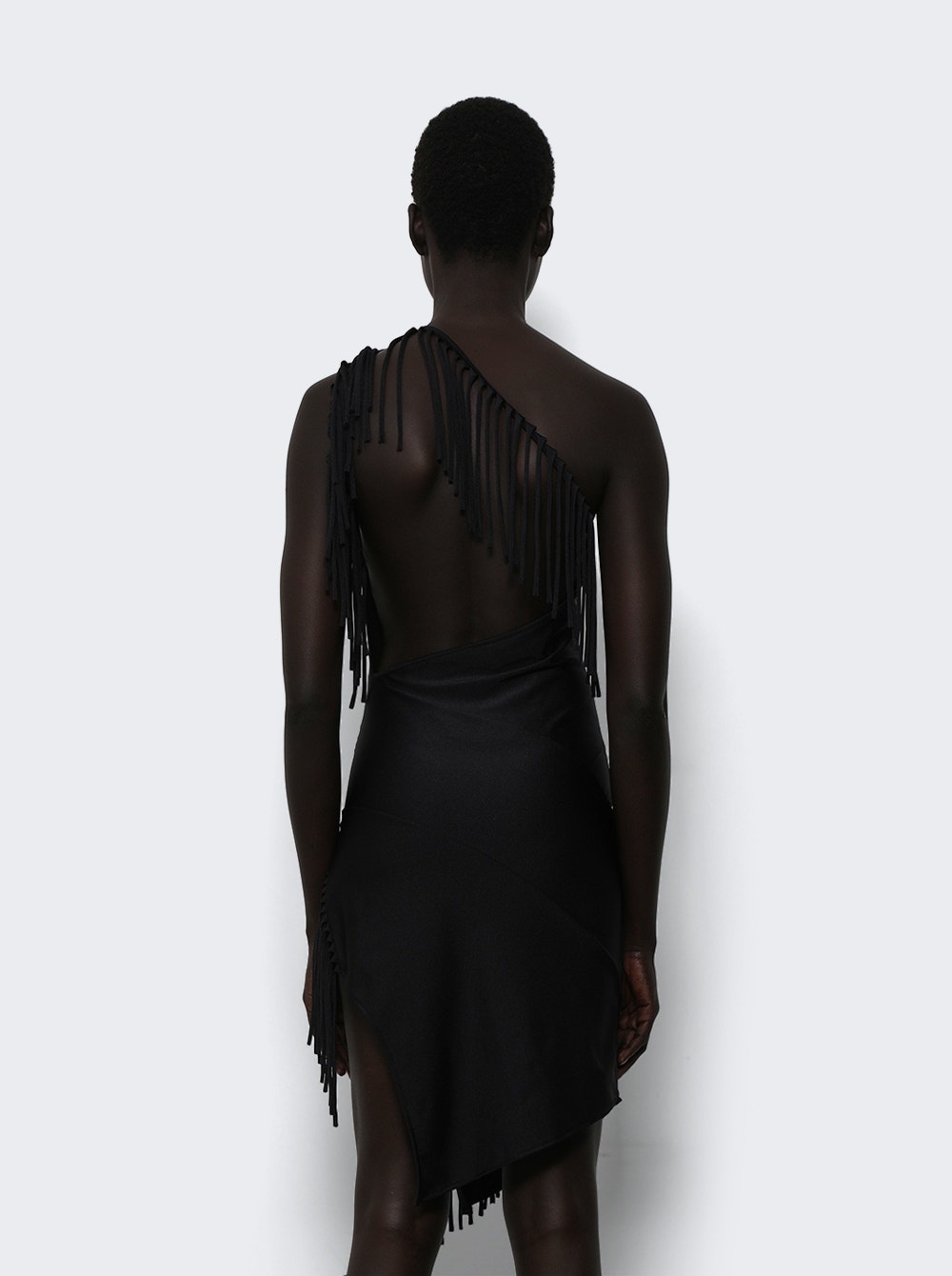 Asymmetric Fringed Jersey Dress Black - 4