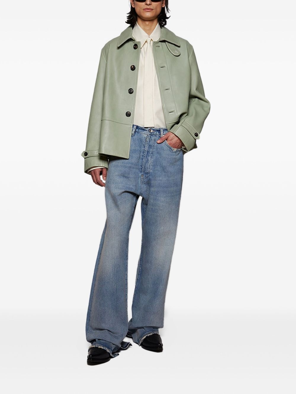 button-fastening leather jacket - 2