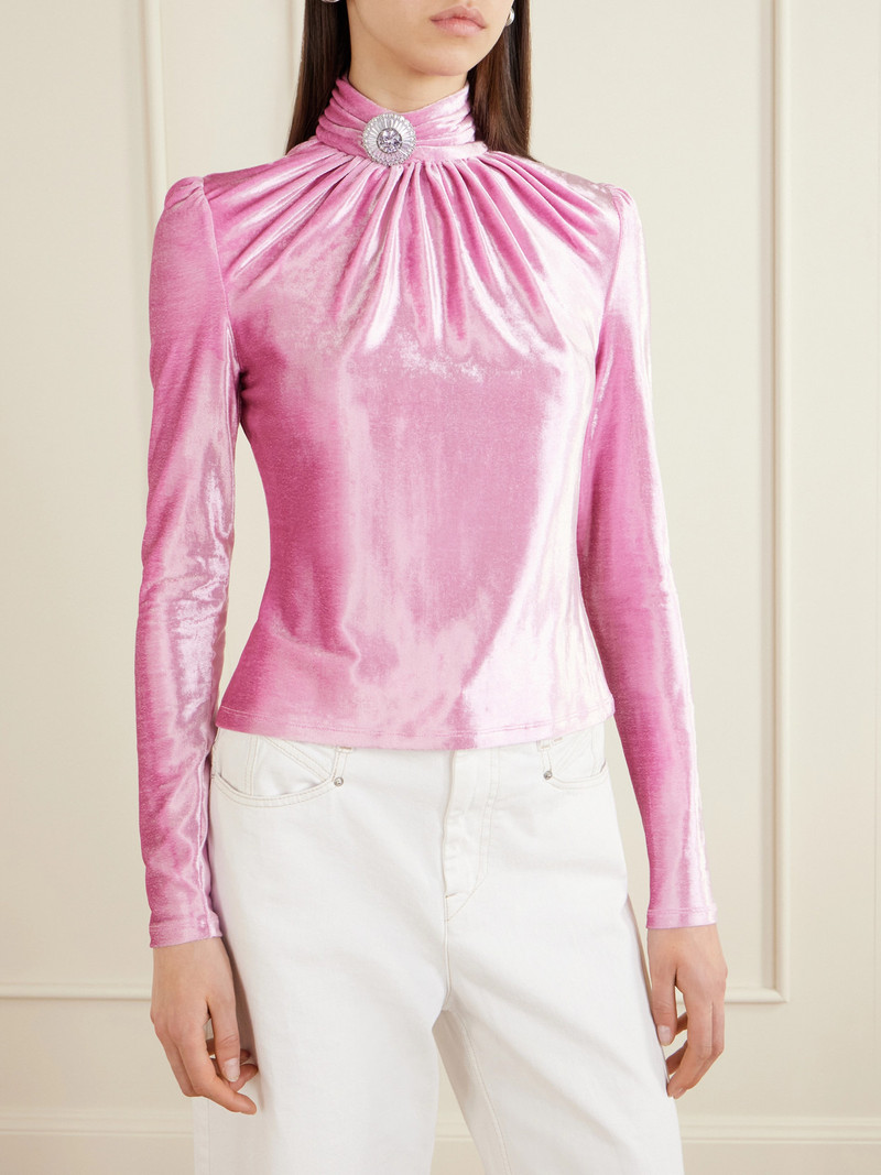 Crystal-embellished Gathered Velvet Turtleneck Blouse 4