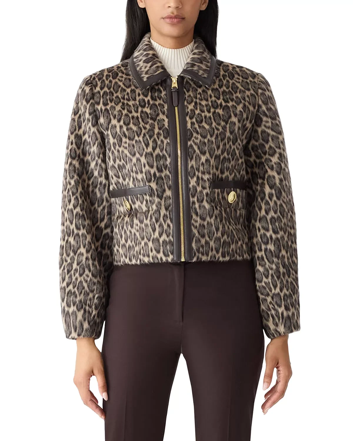Animal Print Cropped Leather Trim Jacket - 1