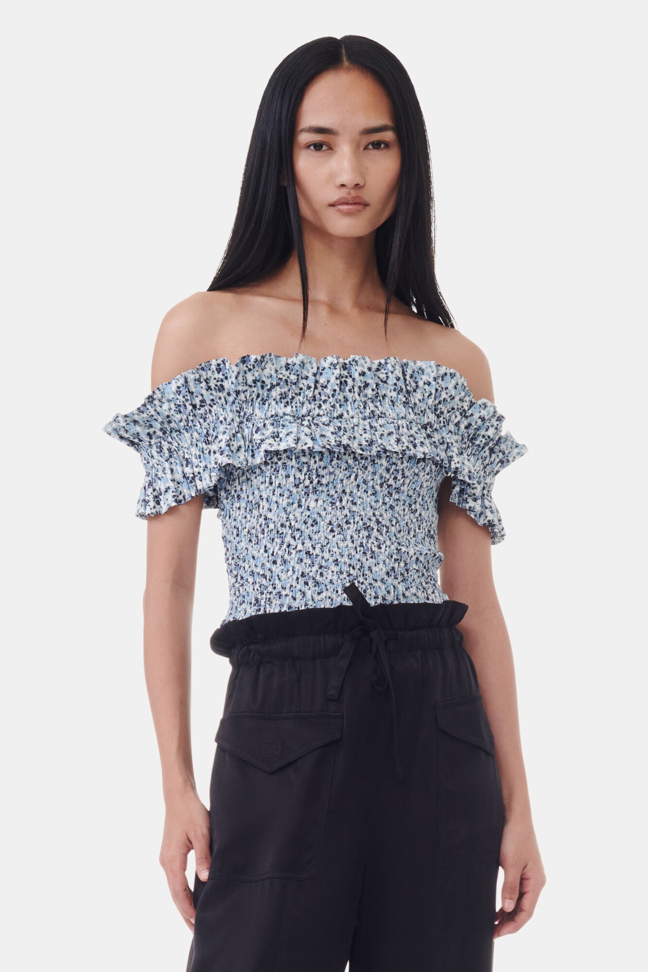 BLUE FLORAL PRINTED COTTON OFF-SHOULDER SMOCK TOP - 2