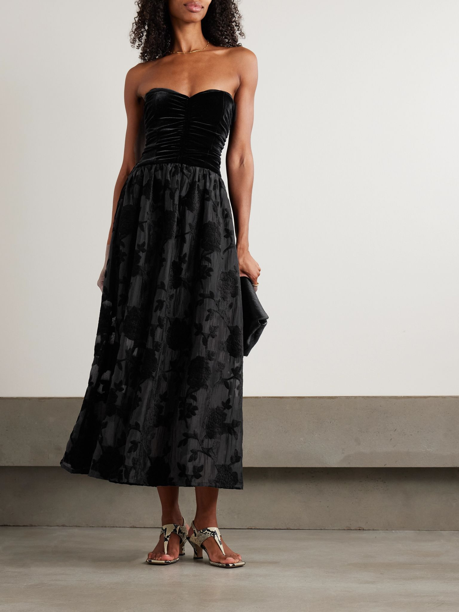 Desideria strapless fil coupé satin and velvet midi dress Black - 2