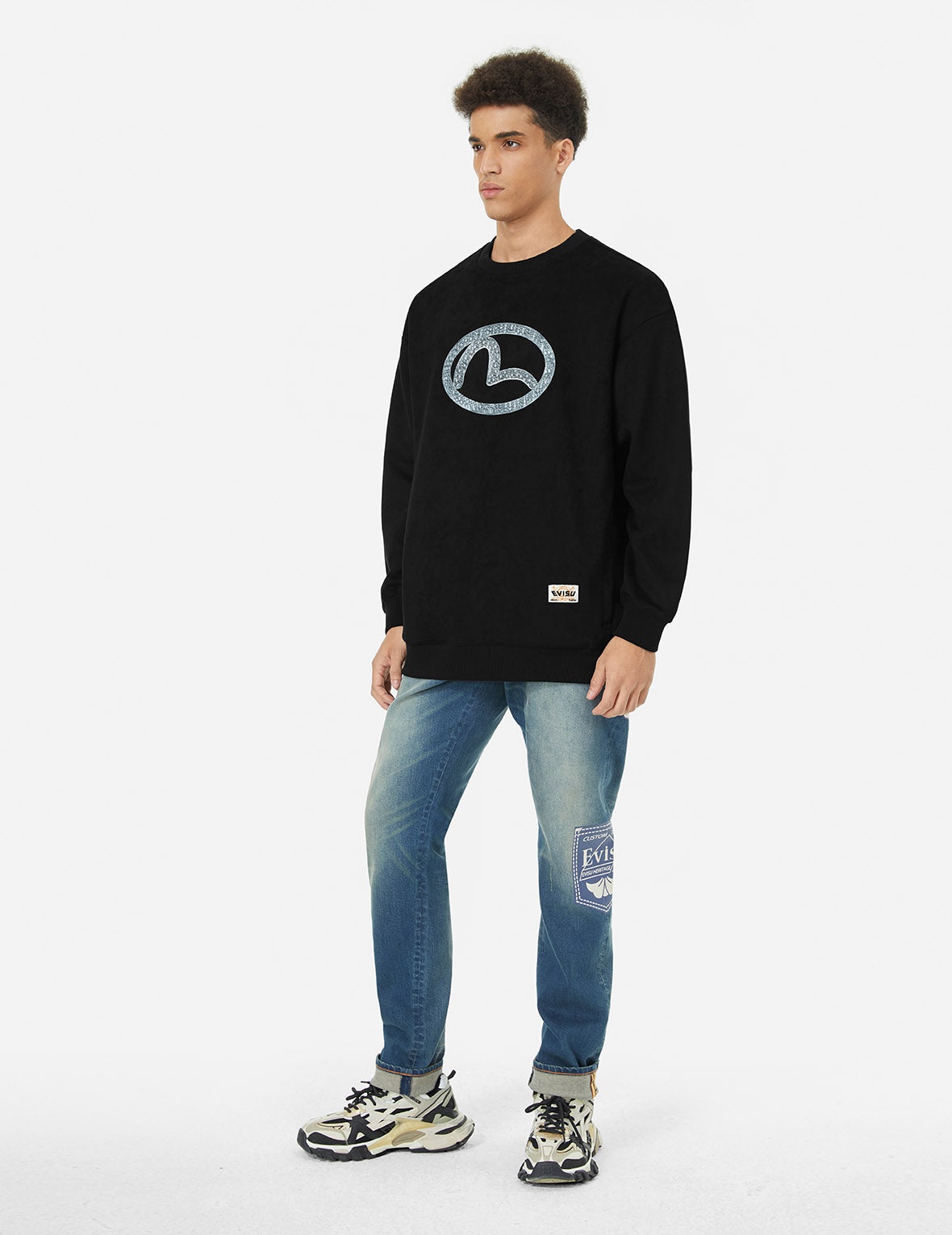 Faux Diamond Seagull Embroidery Loose Fit Sweatshirt - 3