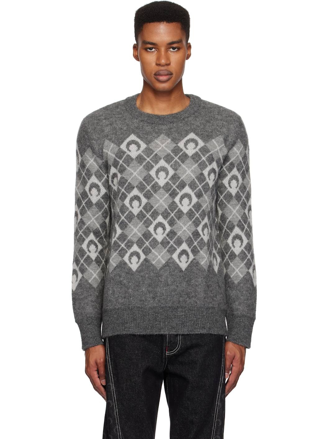 Gray Moon Argyle Knit Crewneck Sweater - 1