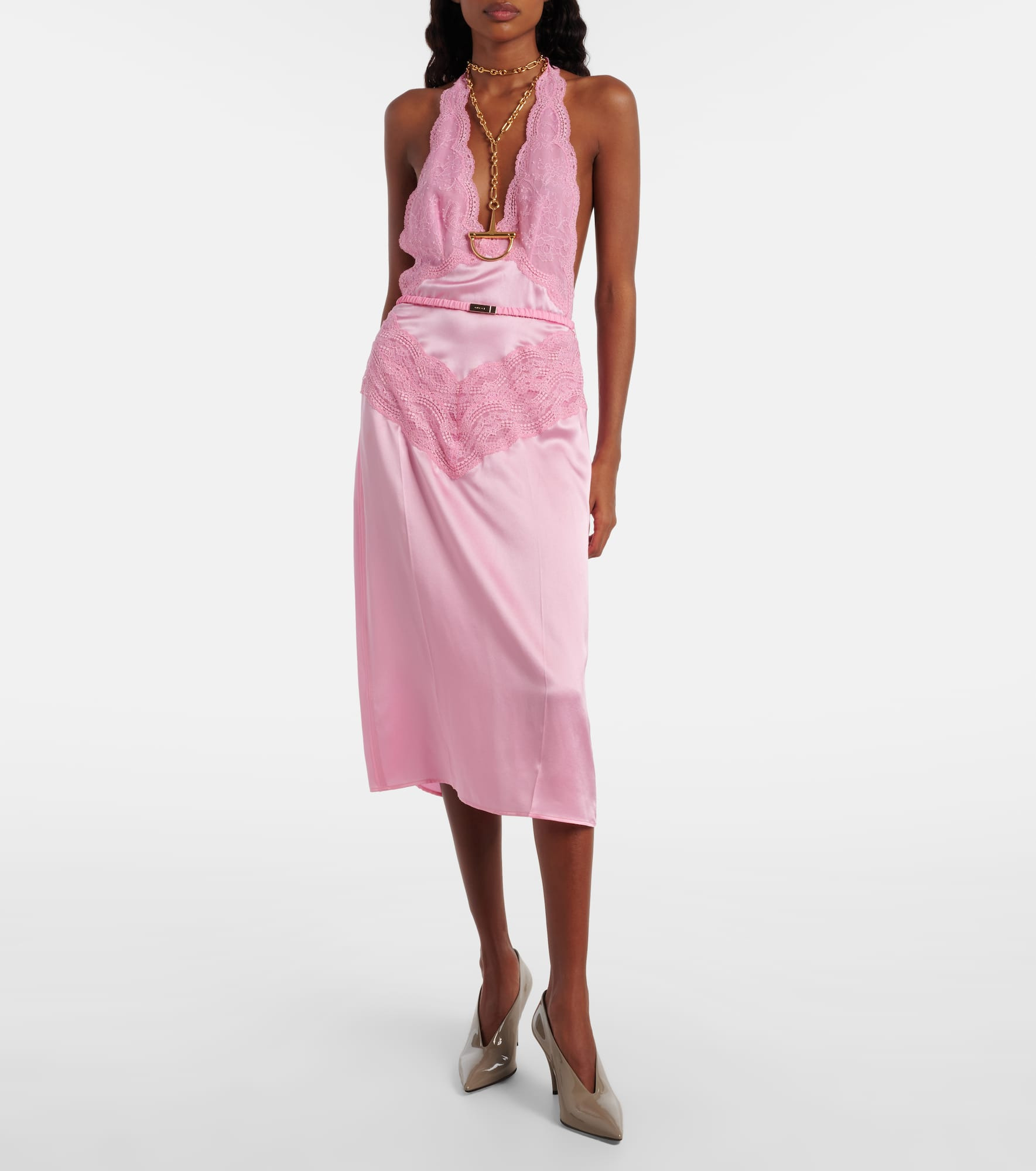 Belted lace-trimmed silk satin midi dress - 2