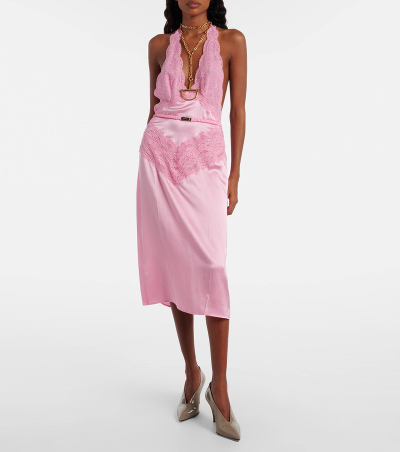 GUCCI Belted lace-trimmed silk satin midi dress outlook