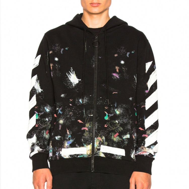 Off-White Galaxy Brush Graffiti Hooded Zip-up Fleece Men Black OMBB003F176190309901 - 3