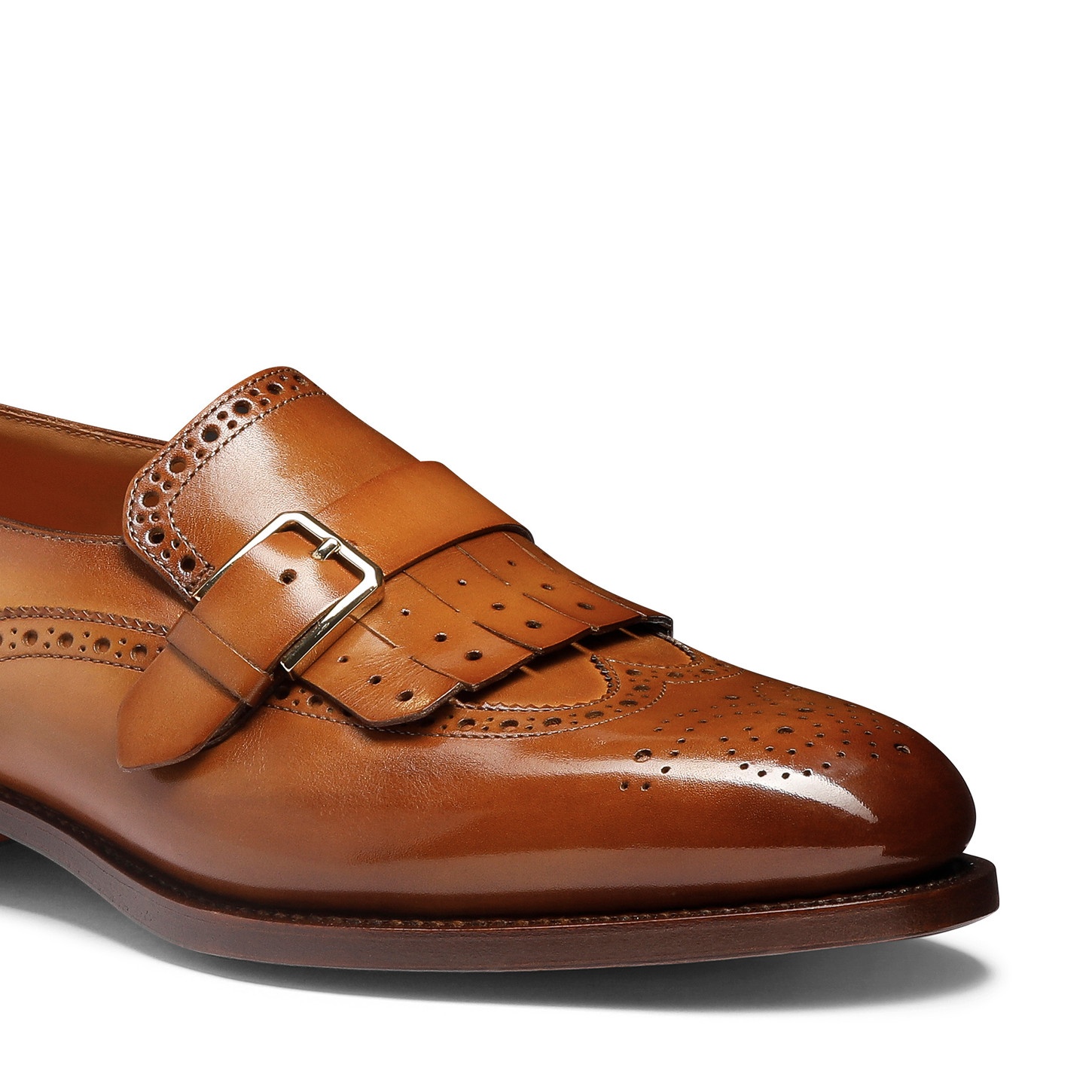 Men's light brown leather single-buckle shoe with fringe - 6