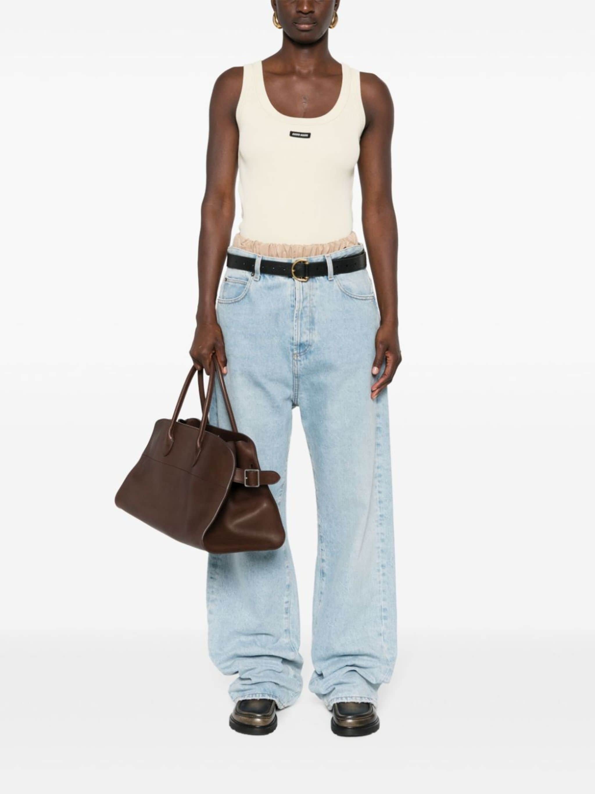Tシャツ・カットソー MIU MIU MJT694_1464_F0018 GARMENT DYED RIBBED KNIT TOPD Natural Garment-dyed Ribbed Knit Jersey Top | Miu Miu